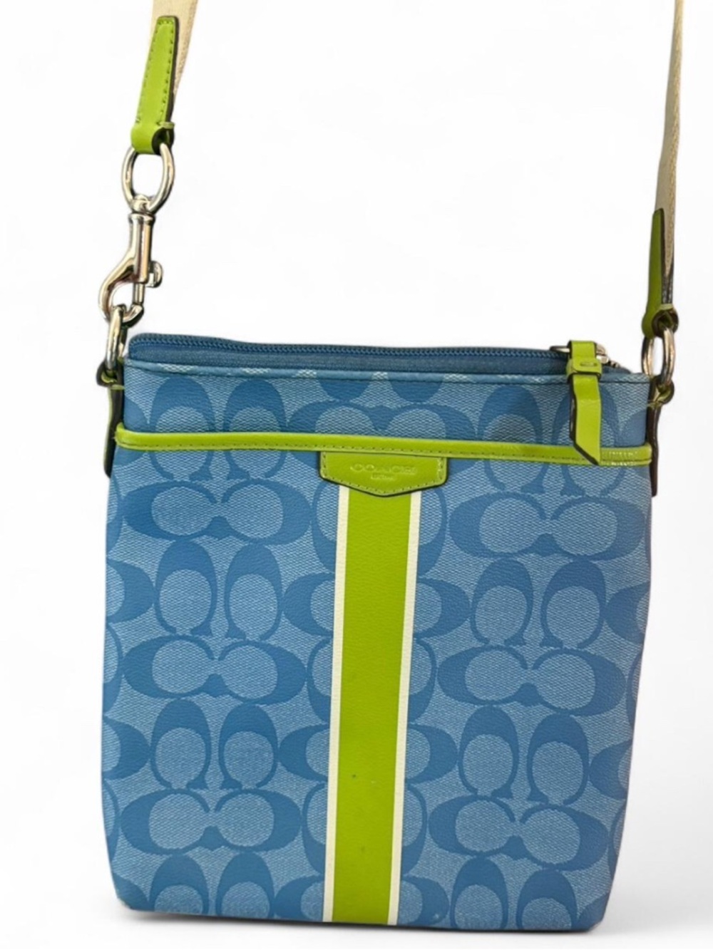 Coach Blue Signature Crossbody with Lime Accent